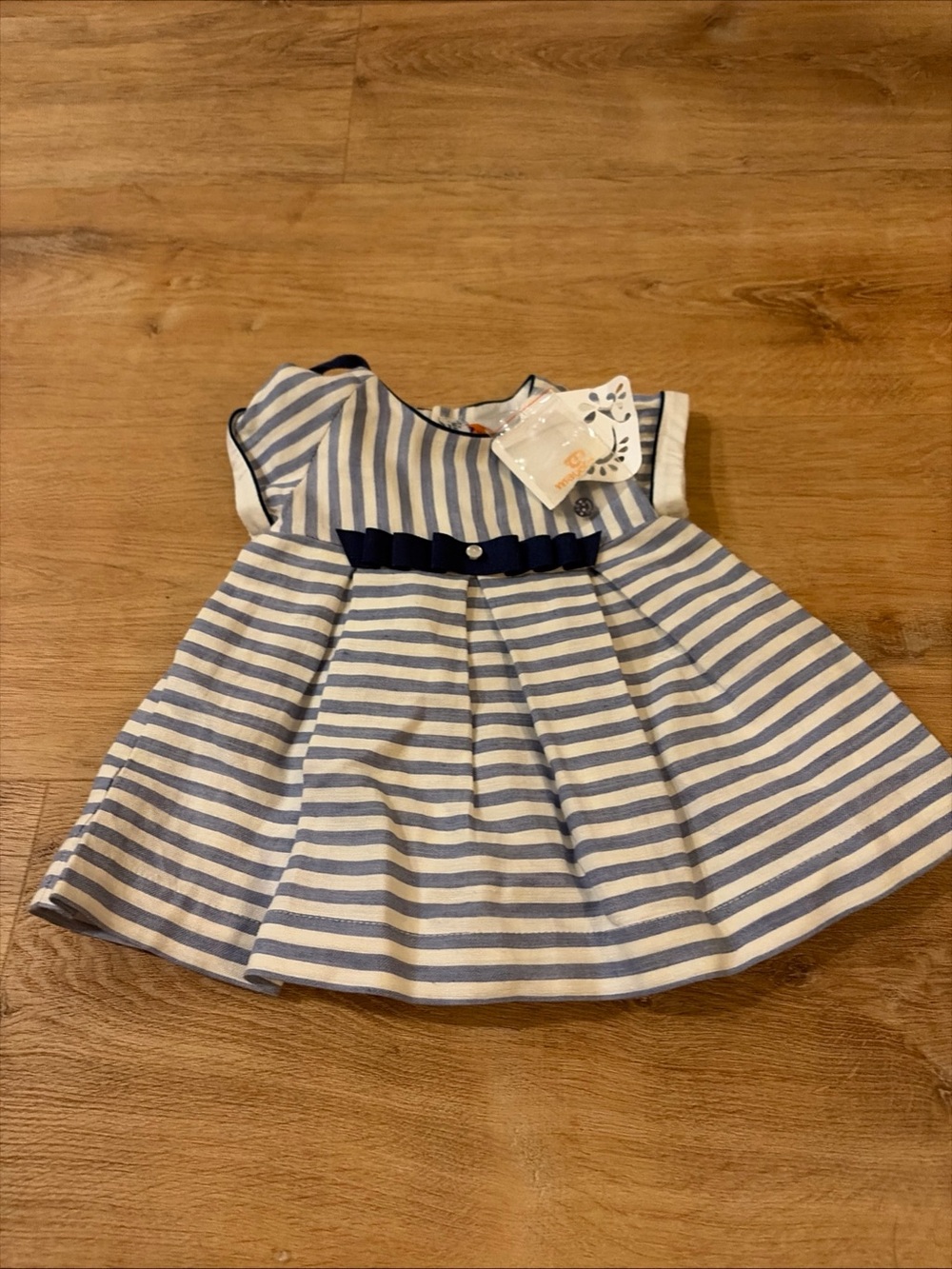 Mayoral Navy and White Striped Girls Dress with Waist Bow and Diaper Cover